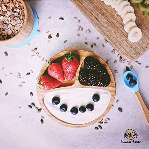 Bubba Bear ® Juego de ventosas, platos y cucharas para bebés pequeños | Guía gratuita de Bubba Bear para el destete eBook | Stay Put Bowl y plato de alimentación | Hecho con bambú natural