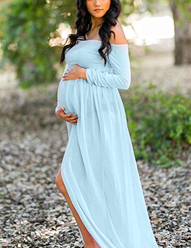 BUOYDM Mujer Embarazada Chifón Largos Vestido de Fiesta Foto Shoot Dress Fotográficas de Maternidad Apoyos De Fotografía (Talla única-Busto:95-120CM, Longitud:170CM, Azul)