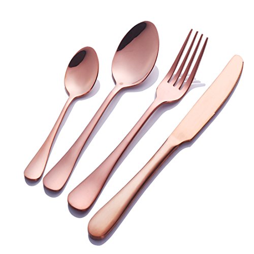 Buyer Star 4 piezas Cuchillería Conjunto utensilio Oro rosa Acero inoxidable Cuchillo Tenedor Cuchara Juego de cubiertos Utensilios Vajilla