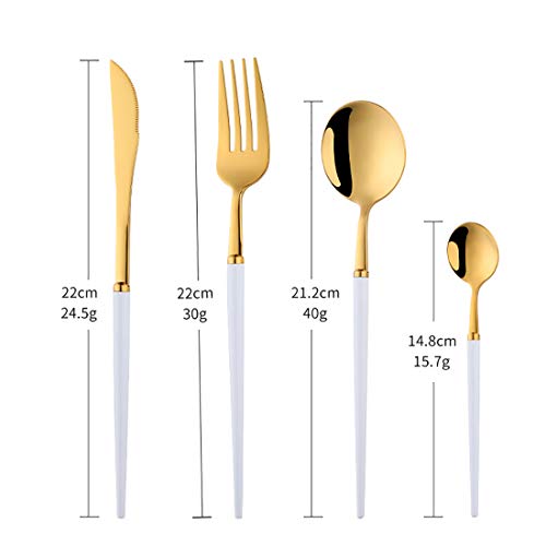 Buyer Star Juego de cubiertos de oro blanco 4 piezas Utensilios de acero inoxidable Incluye Cuchillo Tenedor Cuchara Cucharita, Elegante diseño pulido espejo