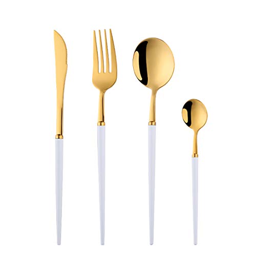 Buyer Star Juego de cubiertos de oro blanco 4 piezas Utensilios de acero inoxidable Incluye Cuchillo Tenedor Cuchara Cucharita, Elegante diseño pulido espejo