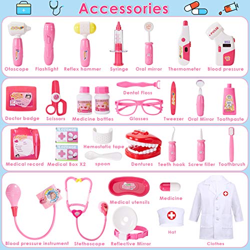 Buyger 35 Piezas Maletin Medicos Dentista Juguete Disfraz Doctora Enfermera Kit Juguetes Cumpleaños Regalos para 3 4 5 6 7 Niñas Ninos (Rosa)