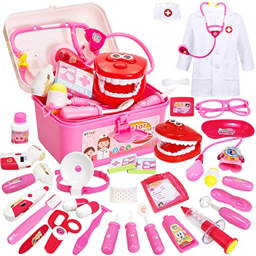 Buyger 35 Piezas Maletin Medicos Dentista Juguete Disfraz Doctora Enfermera Kit Juguetes Cumpleaños Regalos para 3 4 5 6 7 Niñas Ninos (Rosa)