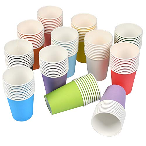 BUYGOO 120Pcs Vasos de Papel Desechable para Fiesta de 9 onzas en frío y en Caliente 12 Vasos de Papel Multicolores Actividades de Fiestas al Aire Libre para Bodas