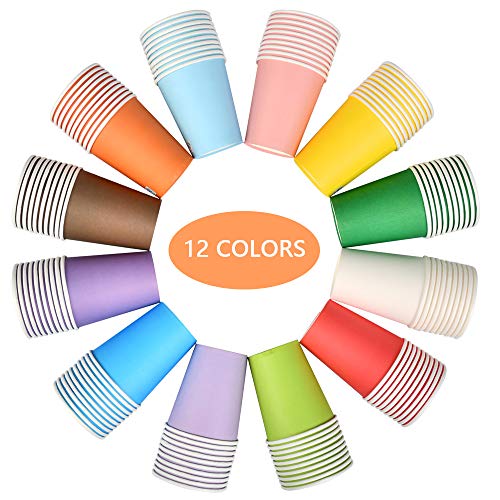 BUYGOO 120Pcs Vasos de Papel Desechable para Fiesta de 9 onzas en frío y en Caliente 12 Vasos de Papel Multicolores Actividades de Fiestas al Aire Libre para Bodas