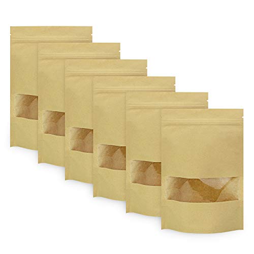 BUZIFU 50pcs Bolsas de Papel para Alimentos(14 x 22 cm) Bolsas de Papel Kraft con Ventana/Base/Cierre Zip, Impermeable y Resistente, para Guardar o Llevar Fruta, Dulces, Galleta y Sándwichera - Marrón