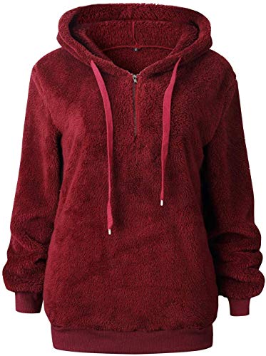 Bwiv Sudadera Mujer con Capucha Caliente Flexible Invierno Otoño en Piel Sintética Multi Color Chaqueta Polar Casual Moda Amplio Burdeos Talla S