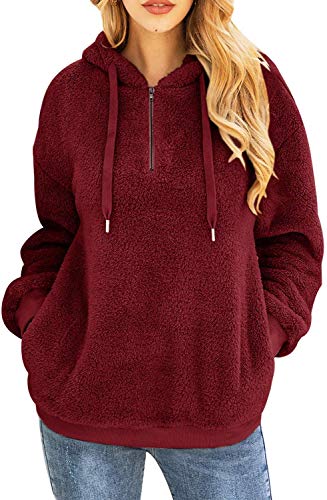 Bwiv Sudadera Mujer con Capucha Caliente Flexible Invierno Otoño en Piel Sintética Multi Color Chaqueta Polar Casual Moda Amplio Burdeos Talla S