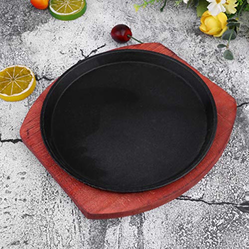 Cabilock Plato de Carne 19Cm Sartén Redonda de Hierro Fundido Antiadherente con Base de Madera de Barro Parrilla de La Parrilla Plancha de Servir Juegos de Platos para Cocinar Restaurante