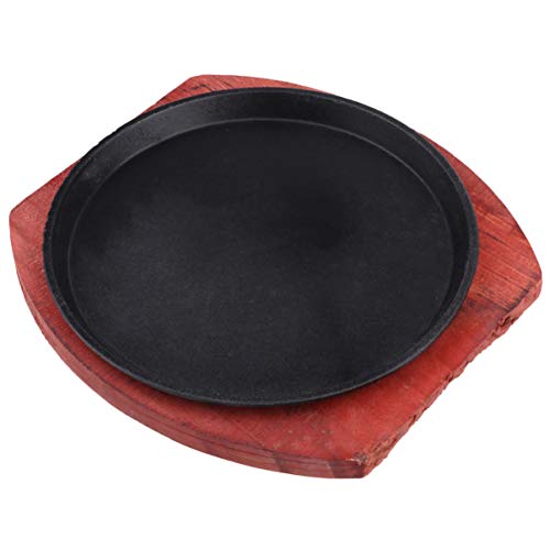 Cabilock Plato de Carne 19Cm Sartén Redonda de Hierro Fundido Antiadherente con Base de Madera de Barro Parrilla de La Parrilla Plancha de Servir Juegos de Platos para Cocinar Restaurante