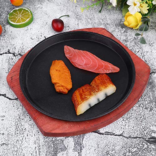 Cabilock Plato de Carne 19Cm Sartén Redonda de Hierro Fundido Antiadherente con Base de Madera de Barro Parrilla de La Parrilla Plancha de Servir Juegos de Platos para Cocinar Restaurante