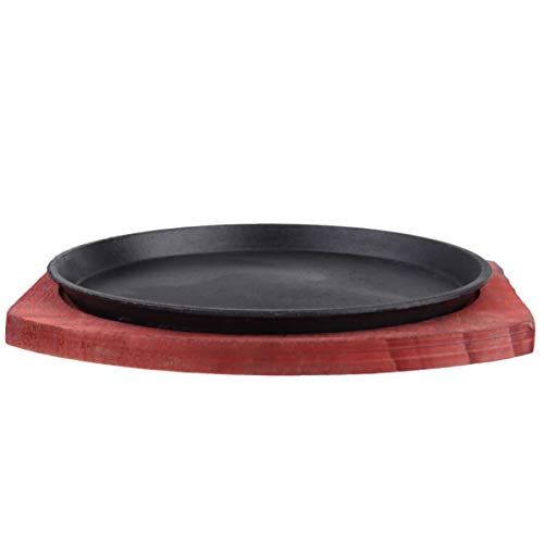 Cabilock Plato de Carne 19Cm Sartén Redonda de Hierro Fundido Antiadherente con Base de Madera de Barro Parrilla de La Parrilla Plancha de Servir Juegos de Platos para Cocinar Restaurante