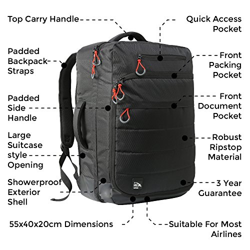 Cabin Max Santiago - Mochila para Portátil y Tablet para Viajar - 55x40x20 - Bolsillo Acolchado para Portátil Incorporado - Equipaje de Mano Aprobado para el Vuelo - Adecuada para Thomson(Black)