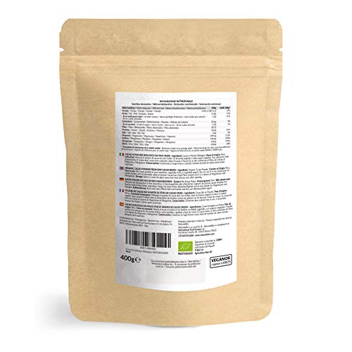 Cacao Ecológico en Polvo 400 g. Organic Cacao Powder. 100% Bio, Natural y Puro producido a partir de Granos de Cacao Crudo. Cultivado en Perú a partir de la planta Theobroma Cacao.