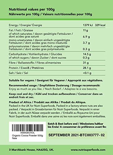 Cacao en Polvo Orgánico - Vegano, Ingrediente de chocolate oscuro puro - Sin azúcar e Ideal para hornear, chocolate caliente y batidos - 500g