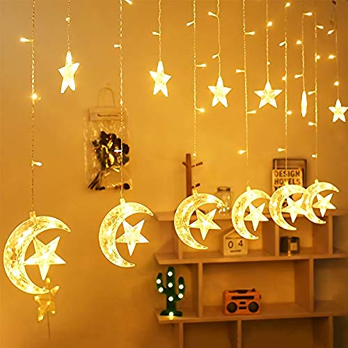 Cadena de luces Cortina LED, 2.5m x 1m Estrellas Blanco Cálido Guirnaldas Luces Pilas luminosas de Exterior, 138 LED Luces de Hadas Decoración para Habitacion, Fiestas, Bodas, Infantil, Navidad