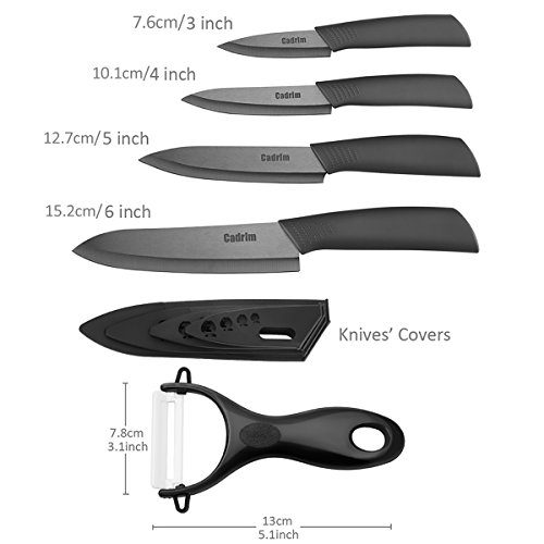 Cadrim Cuchillos Chef, Cuchillos de Cocina de Cerámica,Cuchillos de Cerámica para Cortar Carne de Verduras de Fruta 5pcs / Set Negro