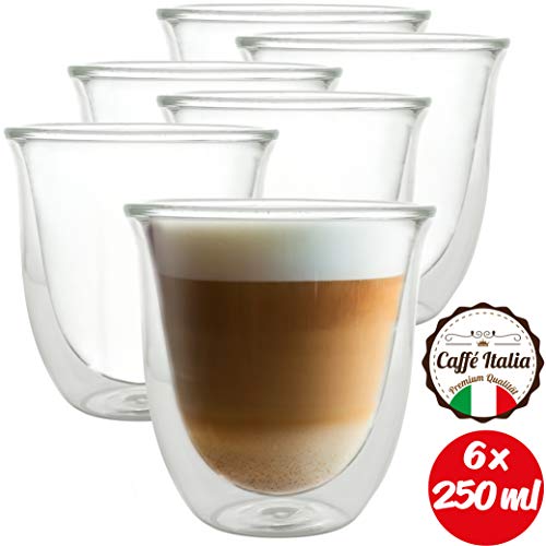 Caffé Italia Napoli 6 Juego de Vasos para Capuchino 250 ml - 6 x Vasos Térmicos - para Bebidas frías, Calientes, té y Latte Macchiato - Aptos para lavavajillas