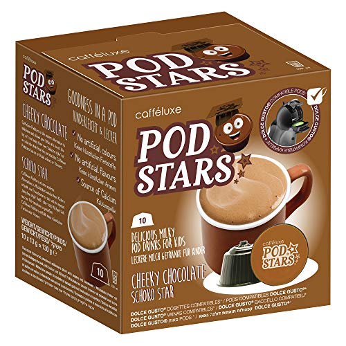 CaffeLuxe Podstars Paquete de variedades - Fresa tonta, chocolate descarado y vainilla alegre - Paquete de 30 - Batido saludable - Sin azúcar agregado - Vainas compatibles con Dolce Gusto para niños