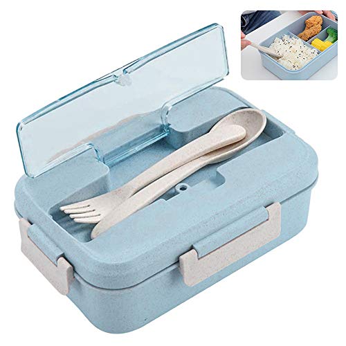 Caja de Bento, ZoneYan Lunch Box Infantil, Fiambreras con 3 Compartimentos, Cuchara Tenedor Lonchera, Fiambreras Caja de Almuerzo Ideal para Microondas (Azul)