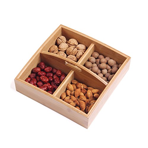 Caja de madera organizador caja de almacenamiento de alimentos secos cuadro caja de presentación para aperitivos con asa y 4 compartimentos