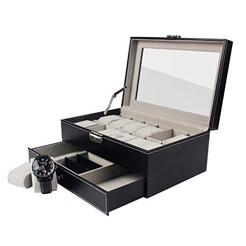 Caja de reloj unisex de doble capa de 12 ranuras reloj de la joyería caja de la parte superior abierta la ventana de cristal PU Caja de almacenamiento creativa caja de visualización (Color: C1, Tamaño