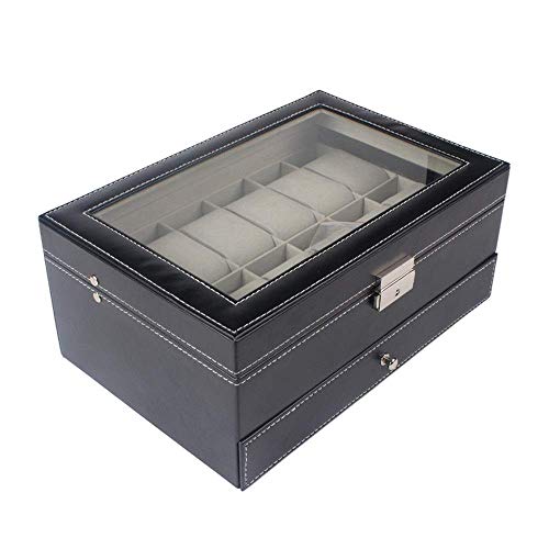 Caja de reloj unisex de doble capa de 12 ranuras reloj de la joyería caja de la parte superior abierta la ventana de cristal PU Caja de almacenamiento creativa caja de visualización (Color: C1, Tamaño