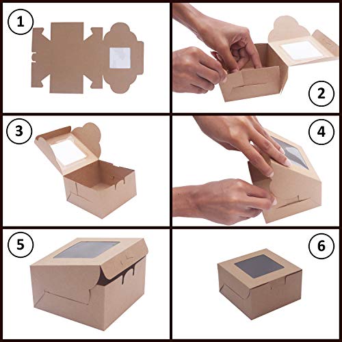 Caja Pasteleria Marrón Kraft (Pack de 50) - Caja Carton con Ventana Transparente (10,16 x 10,16 x 5,7cm) - Caja para Tartas, Roquillas, Mini Pasteles, Rebanada de Pastel y Postres - Caja Desechable