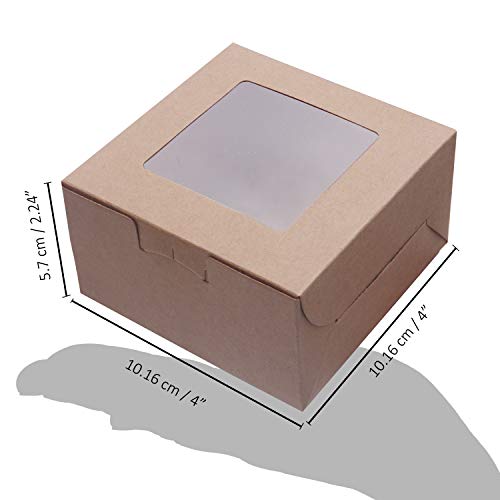 Caja Pasteleria Marrón Kraft (Pack de 50) - Caja Carton con Ventana Transparente (10,16 x 10,16 x 5,7cm) - Caja para Tartas, Roquillas, Mini Pasteles, Rebanada de Pastel y Postres - Caja Desechable