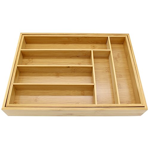 Cajón de cubiertos extensible de bambú | 6-8 compartimentos ajustables | Bandeja naturalmente duradera y resistente al agua | Organizador de cocina de madera | M&W