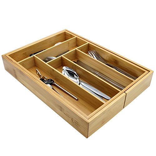 Cajón de cubiertos extensible de bambú | 6-8 compartimentos ajustables | Bandeja naturalmente duradera y resistente al agua | Organizador de cocina de madera | M&W