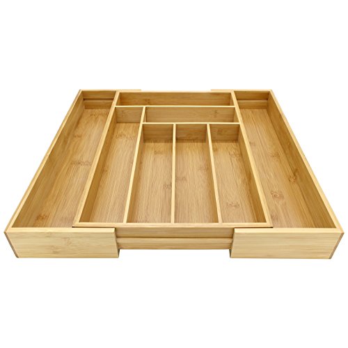Cajón de cubiertos extensible de bambú | 6-8 compartimentos ajustables | Bandeja naturalmente duradera y resistente al agua | Organizador de cocina de madera | M&W