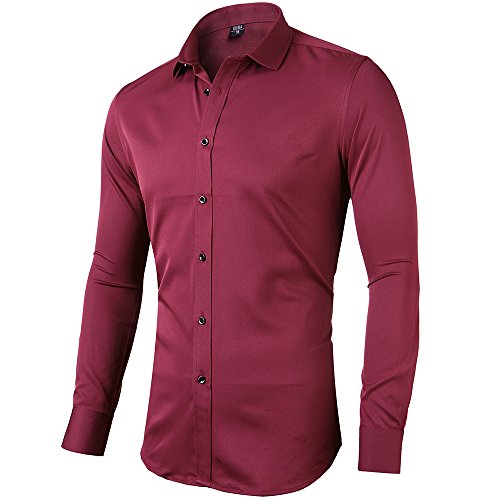 Camisa Bambú Fibra Hombre, Manga Larga, Slim Fit, Camisa Elástica Casual/Formal para Hombre, Granate, 40 (Cuello 40CM, Pecho 104CM)