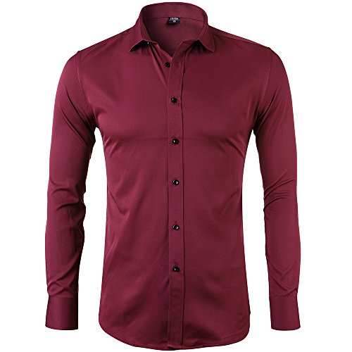 Camisa Bambú Fibra Hombre, Manga Larga, Slim Fit, Camisa Elástica Casual/Formal para Hombre, Granate, 40 (Cuello 40CM, Pecho 104CM)