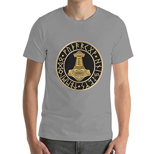 Camiseta para hombre con diseño de martillo vikingo, dragón, escandinavo, runas de oro, impresión divertida Gris oscuro. XXL