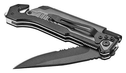 CampBuddy 5 en 1 Navaja Tactica - Cuchillo de Supervivencia Extra Afilado con Hoja de Acero Inoxidable de 8,5 cm - Cuchillo Plegable con luz LED, Acero al Fuego, Rompevidrios y Cortador de Cinta - Navaja Multiusos con Bolsa de Cinturón