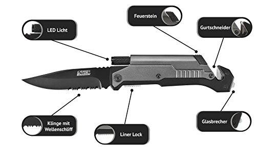 CampBuddy 5 en 1 Navaja Tactica - Cuchillo de Supervivencia Extra Afilado con Hoja de Acero Inoxidable de 8,5 cm - Cuchillo Plegable con luz LED, Acero al Fuego, Rompevidrios y Cortador de Cinta - Navaja Multiusos con Bolsa de Cinturón