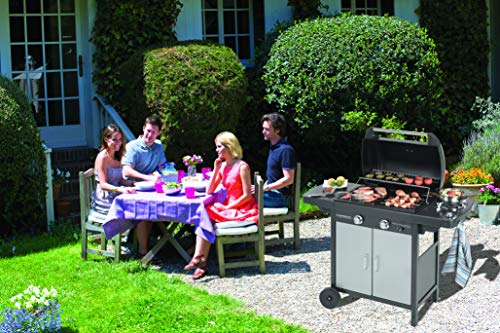 Campingaz 2 Series Classic EXS Vario Barbacoa de gas con 2 quemador, 7.5kW de potencia, Parrilla y plancha de hierro fundido, 1 mesa lateral, 10 litros, Negro/Gris