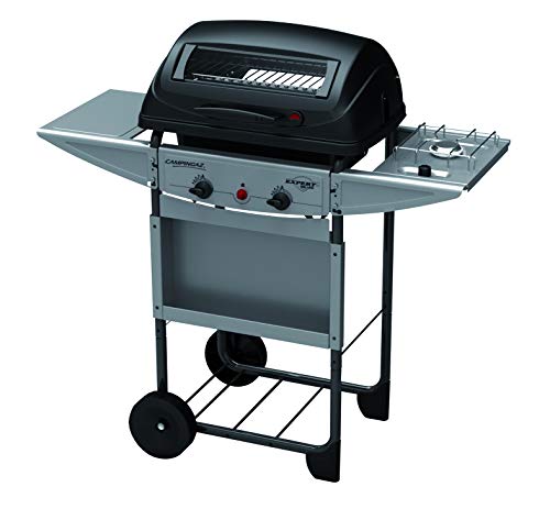 Campingaz Expert Deluxe Barbacoa gas piedra volcanica, parrilla gas con dos quemadores compactos y quemador lateral, 7 kW de potencia, parrilla de acero y mesas laterales