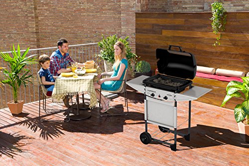 Campingaz Expert Plus Barbacoa gas piedra volcanica, parrilla gas con dos quemadores compactos y quemador lateral, 7 kW de potencia, parrilla de acero y mesas laterales