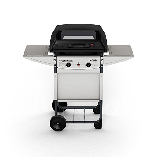 Campingaz Expert Plus Barbacoa gas piedra volcanica, parrilla gas con dos quemadores compactos y quemador lateral, 7 kW de potencia, parrilla de acero y mesas laterales