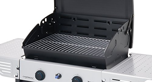 Campingaz Xpert 100 L Barbacoa gas, parrilla gas con dos quemadores compactos, 7.1 kW de potencia, parrilla de rejilla, 2 mesitas auxiliares y carro en acero