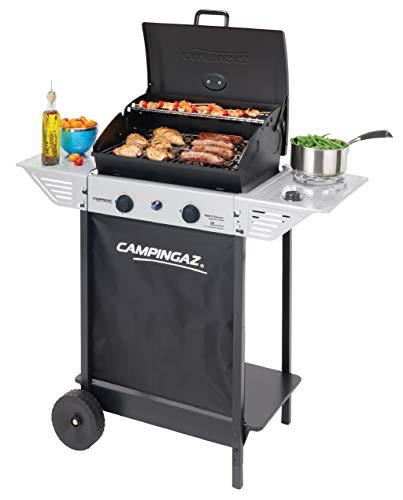 Campingaz Xpert 100 LS Plus Rocky Barbacoa Gas para Piedra Volcanica, BBQ gas con 2 quemadores, 7.1kW de potencia, 2 Parrillas de acero cromado, 2 mesas laterales y rocas de lava