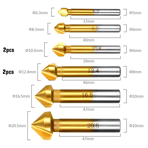 Camtek 8 piezas Avellanador 90°HSS Juego de Brocas Avellanadoras para Metal Madera Aluminio, Cubiertas de Titanio 6.3mm ~ 20.5mm