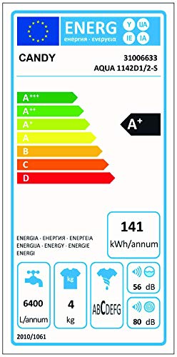 Candy AQUA 1142D1/2-S - Lavadora pequeña carga frontal 4Kgs, 8 programas, 1100rpm, 51cm ancho, display digital, clase A+AB, color blanco