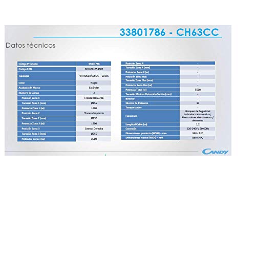 Candy CH63CC Encimera vitrocerámica 3 zonas de cocción, ancho 60 cm, 10 niveles potencia, 5.5 kW, negro