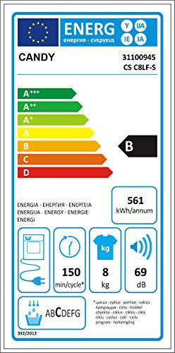Candy CS C8LF-S - Secadora de condensación 8Kgs, 15 programas, NFC, puerta XXL, display LED, certificado Woolmark, , clase BC, color blanco