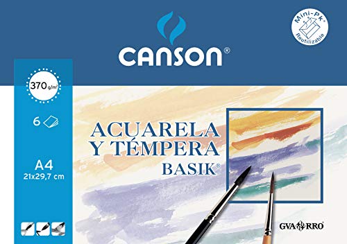 Canson Minipack A4, 6 Hojas, Guarro Acuarela Basik 370 g, Blanco