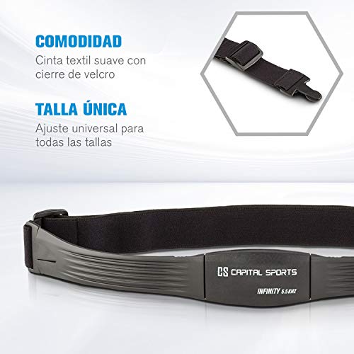 Capital Sports Pulse 5.5 Cinturón Cardiovascular - Conexión inalámbrica, Compatible con Las Cintas de Correr Infinity, Correa Textil, Tamaño Ajustable, Cierre rápido, Transpirable, Grado IPX7, Negro