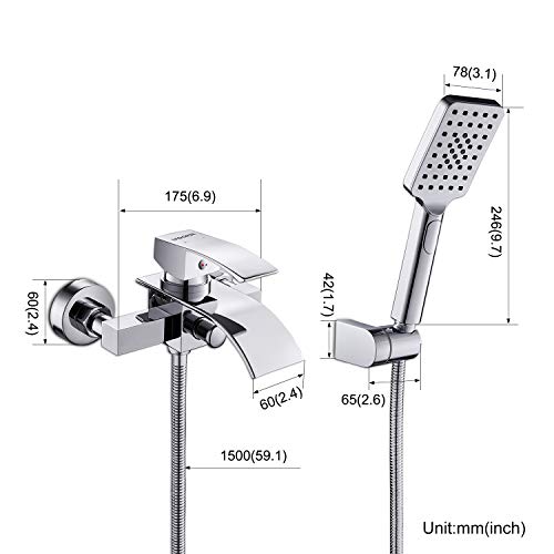 Cascada Grifo de Bañera Monomando, WOOHSE Mezclador Baño y Ducha con Ducha de Mano 3 Tipos de Chorro Grifería de Baño Latón Cromado con Manguera Flexible de 1,5 m y Soporte de Ducha Fijo